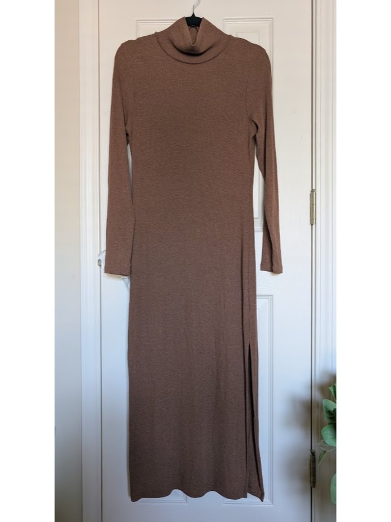 Lna Womens Long Sleeves Turtleneck Midi Dress Ribbed Knit Brown Size: M